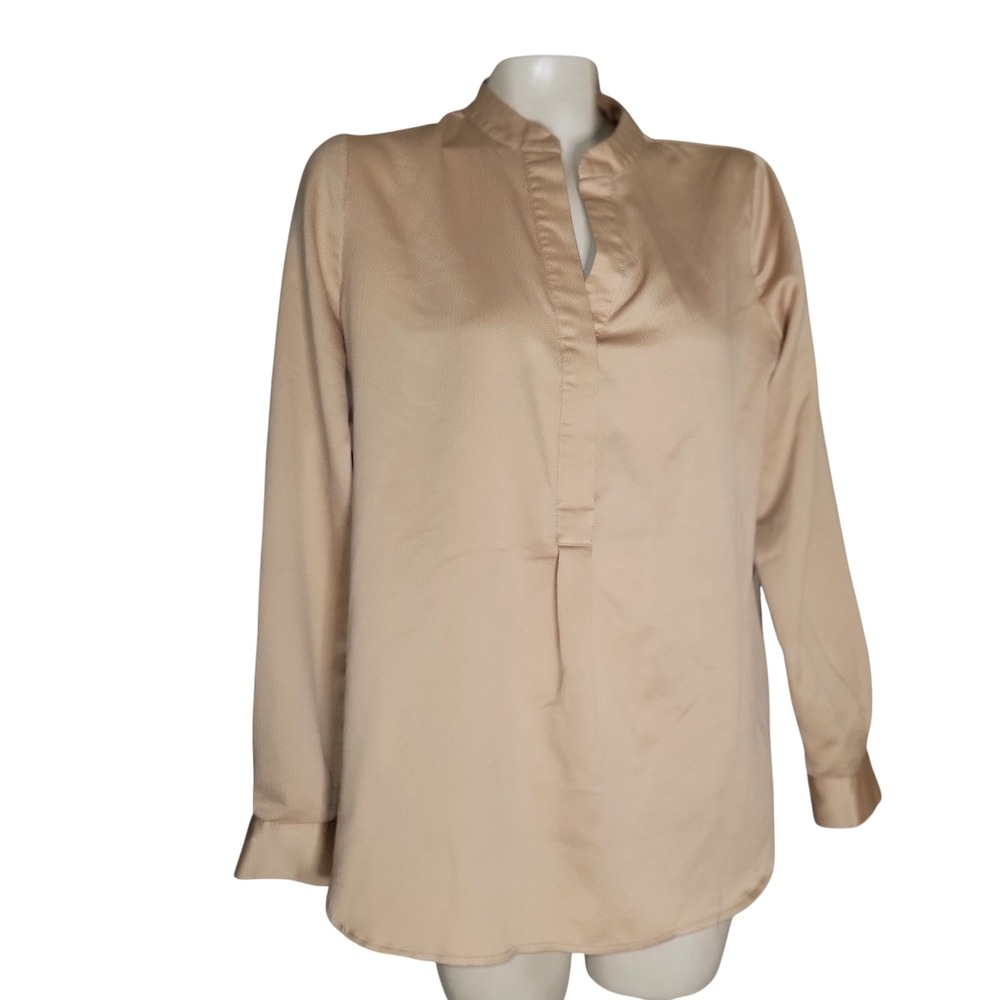 Seed Heritage Beige Textured Satin Split Neck Blouse Long Sleeve 12 Champagne